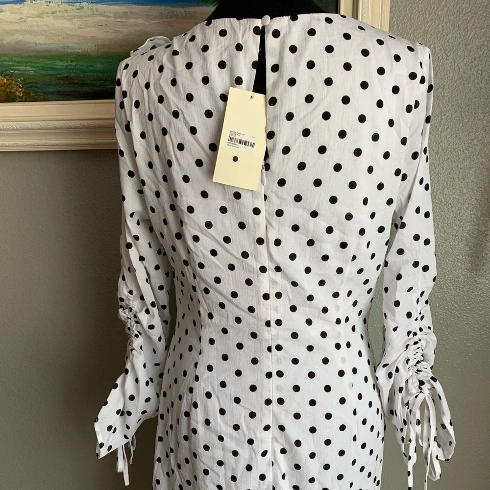 Blue Bush Black & White Polka Dot Ruffle Ruched Woven Dress Size Large